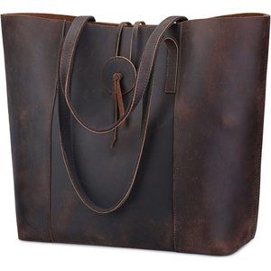 Vintage Genuine Leather Tote Bag for Women Large Shoulder Purse Handbag-Brown